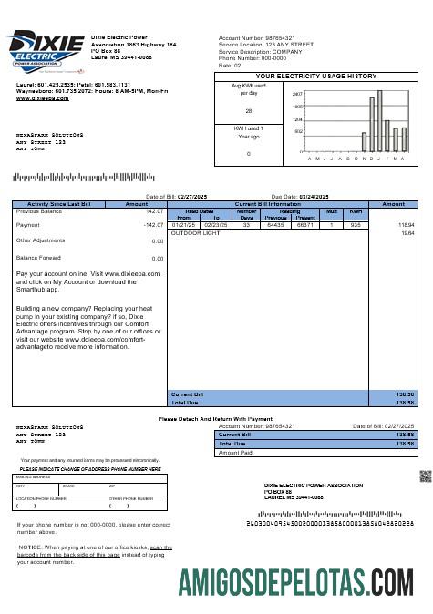 Para baixar modelo de conta de serviços públicos dos EUA Mississippi Dixie Electric em formatos Word e PDF